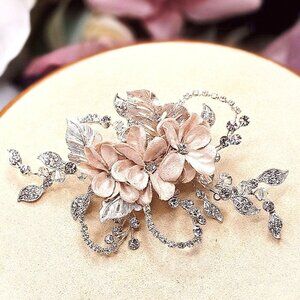 Flowers and Leaves Rhinestone Crystal Hair Clip Formal Bridal Accessory